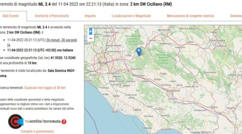 Terremoto di magnitudo 3.4 a Ciciliano, in provincia di Roma. I vigili del fuoco: “Non risultano segnalazioni di danni”