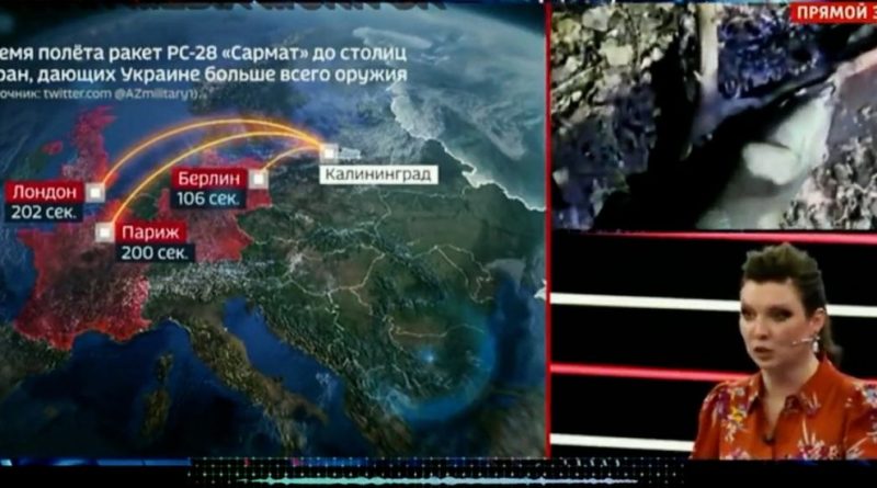 Russia, sulla tv di stato Channel One la mappa con le traiettorie dei missili nucleari: “Per Berlino ci vogliono 106 secondi. Faremmo tabula rasa”