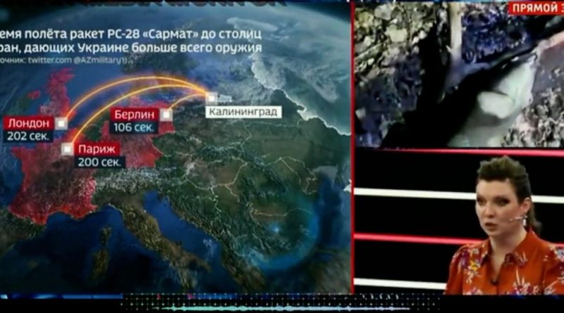 Russia, sulla tv di stato Channel One la mappa con le traiettorie dei missili nucleari: “Per Berlino ci vogliono 106 secondi. Faremmo tabula rasa”