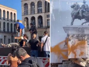 Non c’è pace per il monumento in Duomo: gli eco-vandali colpiscono ancora