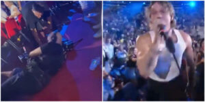 Un cameraman inciampa e cade per terra davanti a Irama durante RTL 102.5 Power Hits Estate