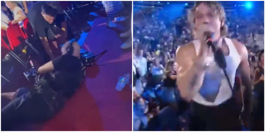Un cameraman inciampa e cade per terra davanti a Irama durante RTL 102.5 Power Hits Estate