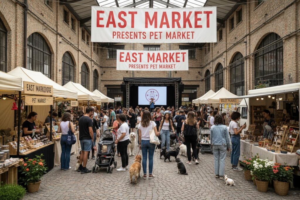 Panoramica del mercato coperto "East Market Presents Pet Market" affollato di persone e cani in un grande edificio industriale con pareti in mattoni a vista.