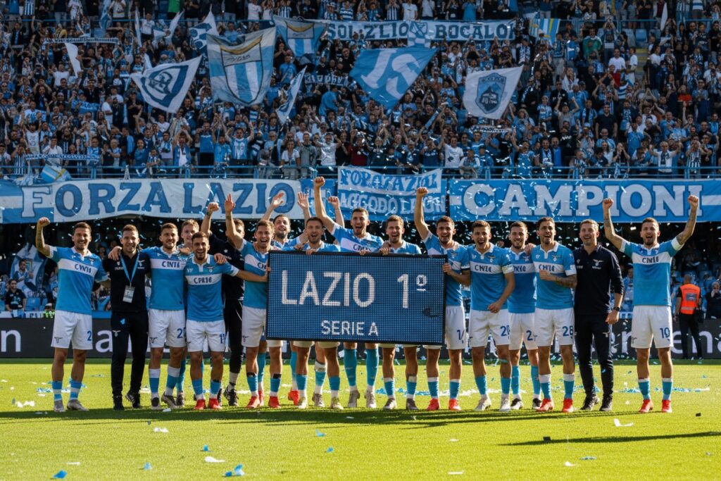 I giocatori della Lazio festeggiano tenendo un tabellone con la scritta Lazio 1° Serie A di fronte a una tribuna gremita di tifosi esultanti.